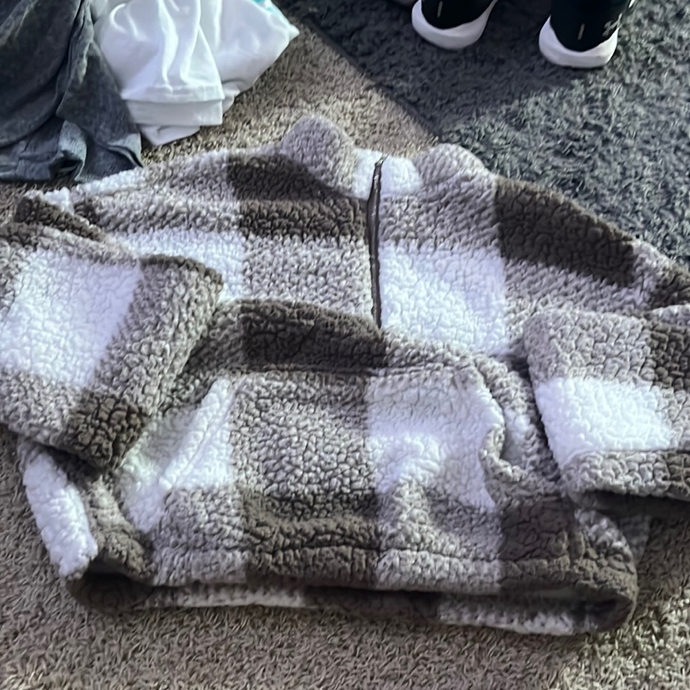 Brown/beige plaid fluffy Sherpa sweater